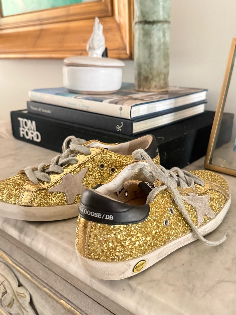 Golden Goose Kids Gold Glitter Sneakers with Beige Star
